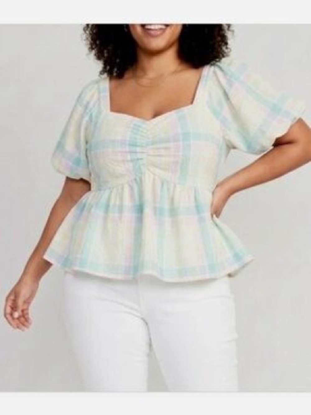 Old Navy Pastel Plaid Puff Sleeve Babydoll Top White Green Size XL